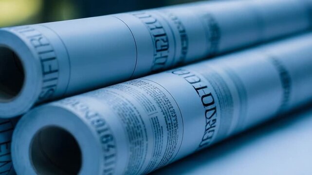 Three rolled-up blueprints rest closely together, showcasing detailed architectural plans.
