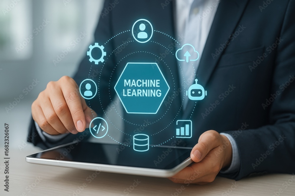 Poster hands interacting with a digital tablet display showcasing a machine learning concept, with various 