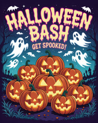 Spooky Halloween Bash: A vibrant illustration sets the scene with grinning jack-o'-lanterns, ghostly apparitions, and the eerie atmosphere of a Halloween night.