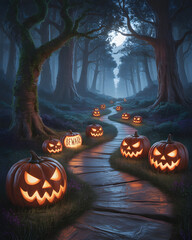 Enchanted Halloween Night: A winding path illuminated by glowing jack-o'-lanterns, leading into a mysterious moonlit forest, creating a bewitching scene of spooky fun.