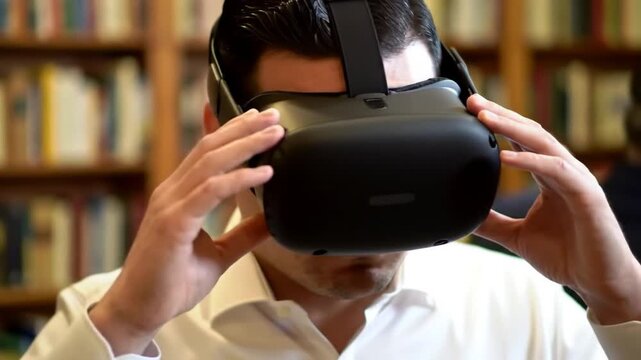 Immersed in Reality: A man dons a virtual reality headset, his expression a blend of focus and wonder, blurring the line between the tangible and the digital. 