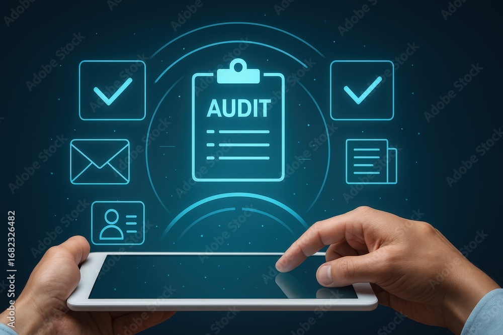 Poster hands holding a tablet displaying a digital audit interface with checklist icons, email, and user pr