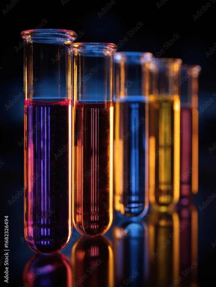 Poster colorful test tubes filled with liquid in a dark laboratory setting showcase vibrant hues and reflec