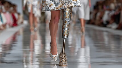 Elegant Fashion Show Featuring Model with Artistic Prosthetic Leg