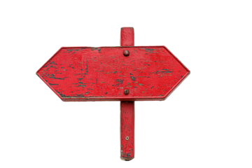 Rustic red hexagonal wooden signpost isolated on transparent background. Location mark sign in red isolated on white background.