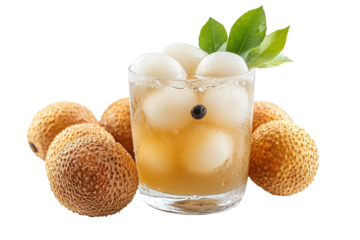 Lychee drink with fresh lychees isolated on transparent background. Longan drink with fresh fruit peel the skin show Lychee isolated on white background.