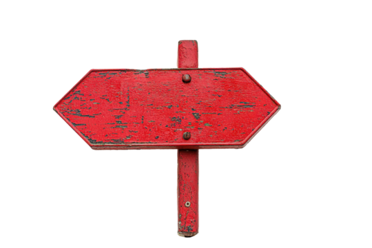 Rustic red hexagonal wooden signpost isolated on transparent background. Location mark sign in red isolated on white background.