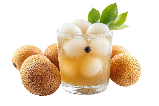 Lychee drink with fresh lychees isolated on transparent background. Longan drink with fresh fruit peel the skin show Lychee isolated on white background.