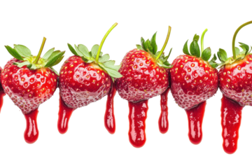 Juicy strawberries dripping red syrup isolated on transparent background. Melt strawberry Jam dripping line from the top isolated on white background.