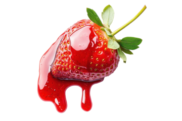 Juicy strawberry covered in red syrup isolated on transparent background. Melt strawberry Jam dripping line from the top isolated on white background.