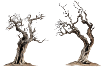 Gnarled bare trees isolated on transparent background. Old dead spooky trees isolated on white background.