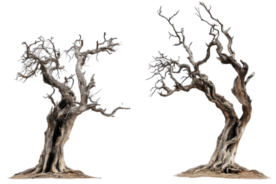 Gnarled bare trees isolated on transparent background. Old dead spooky trees isolated on white background.