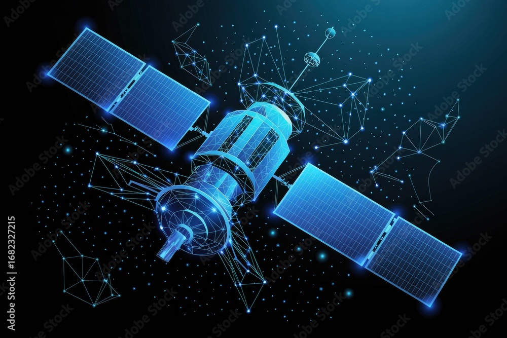 Aufkleber futuristic blue digital wireframe satellite in space with interconnected network data streams