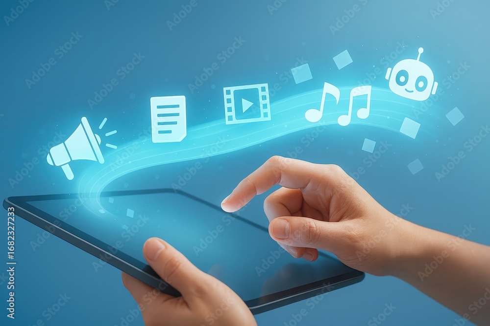 Poster hands interacting with a tablet displaying digital media icons, highlighting the integration of audi