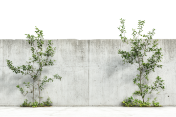 Two young trees growing against a textured wall isolated on transparent background. Old grey concrete background with small trees growing out of it isolated on white background.