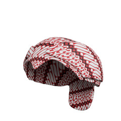 "3D render of traditional Javanese blangkon with brown batik woven pattern, ethnic heritage cultural headwear fashion accessory illustration garment style design."
