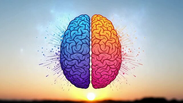 Illustration of a human brain split into two colorful hemispheres against a bright sunset sky.