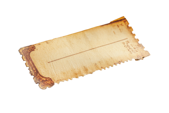Old torn paper ticket isolated on transparent background. Old paper ticket isolated on white background.