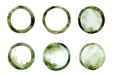 Olive green gemstones isolated on transparent background. Olive green round circle ring shape set of watercolor texture isolated on white background.