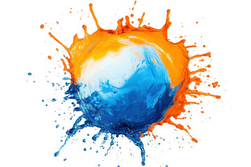 Orange and blue paint splatter sphere isolated on transparent background. Orange blue water splash isolated on white background.