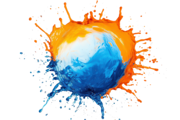 Orange and blue paint splatter sphere isolated on transparent background. Orange blue water splash isolated on white background.