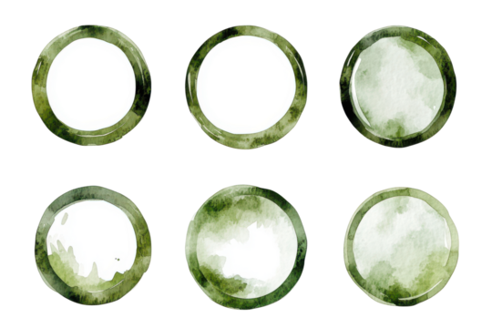 Olive green gemstones isolated on transparent background. Olive green round circle ring shape set of watercolor texture isolated on white background. - Powered by Adobe