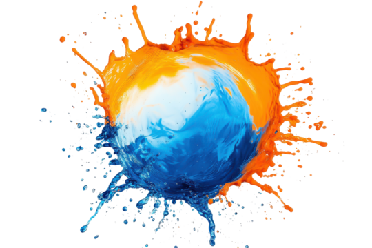 Orange and blue paint splatter sphere isolated on transparent background. Orange blue water splash isolated on white background. - Powered by Adobe