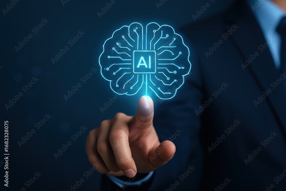 Poster a hand points to a glowing illustration of a brain with circuit board design, symbolizing artificial