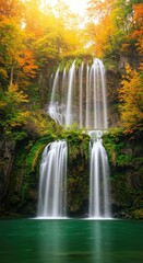 Obraz premium Serene Waterfall Amidst Golden Autumn Foliage forest