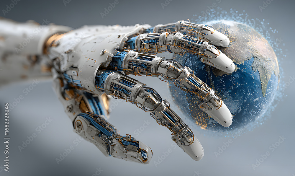 Poster robot hand finger holding blue color element design raphic ai artificial inteligence futuristic scie