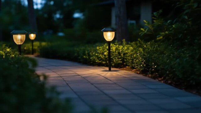 Illuminated path at dusk serene outdoor walkway with lamps through garden foliage calm tranquil nature scene