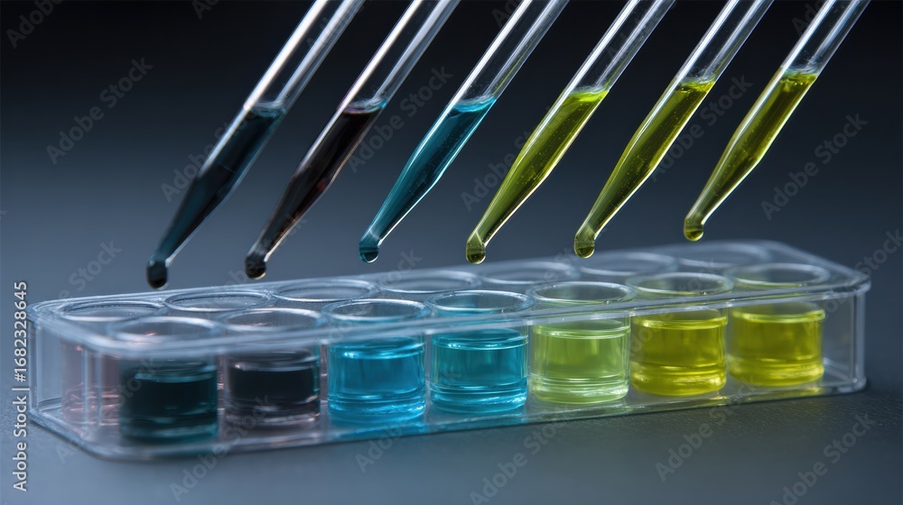 Poster experiment with various colored liquids in test tubes using pipettes during a laboratory session