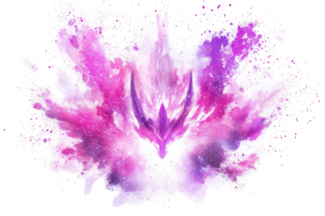 Vibrant pink and purple powder explosion isolated on transparent background. Pink purple neon color powder explosion isolated on white background.