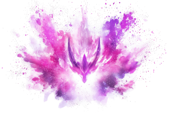 Vibrant pink and purple powder explosion isolated on transparent background. Pink purple neon color powder explosion isolated on white background.