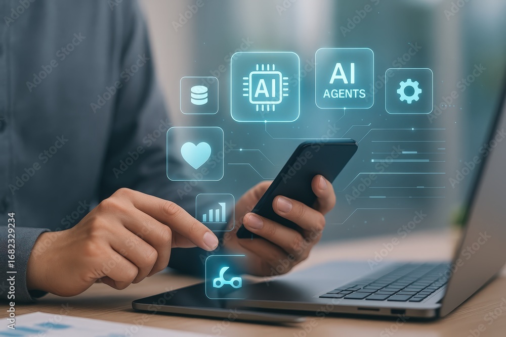 Poster a person interacts with a smartphone displaying holographic representations of ai agents, data proce