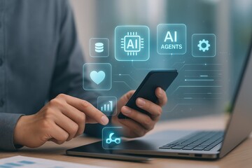 A person interacts with a smartphone displaying holographic representations of AI agents, data processing, and analytical tools.
