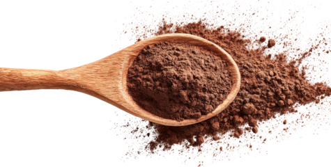 Wooden spoon filled with dark brown powder, surrounded by more powder
