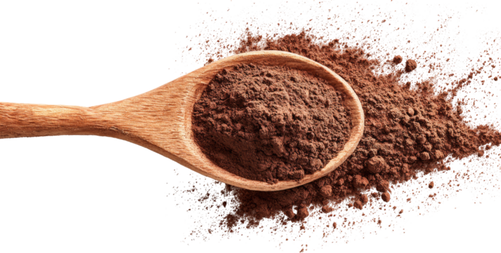 Wooden spoon filled with dark brown powder, surrounded by more powder