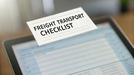 Obraz premium Logistics Concept Digital tablet displaying a freight transport checklist for logistics management.