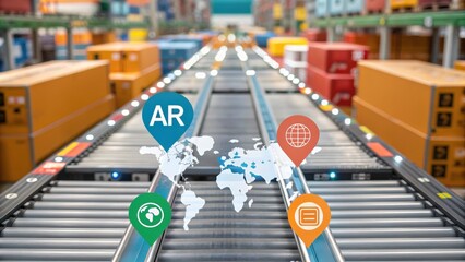 Logistics Concept Digital overlay on a logistics scene featuring maps and icons for augmented reality and global reach.