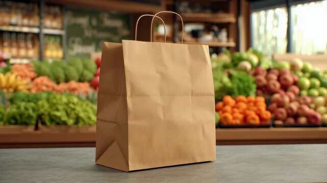 Brown paper bag on table in organic grocery store filled with fresh produce  