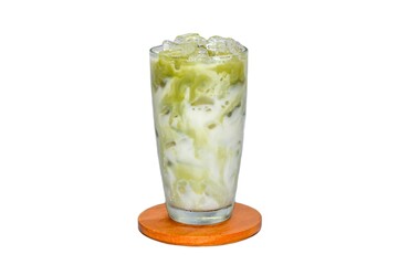 Ice Matcha green tea put on wooden plate looks delicious and good taste.