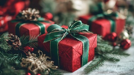 Stunning red Christmas gifts tied with elegant green bows nestled among festive fir branches and ornaments