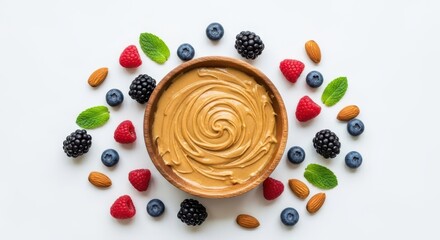 A bowl of creamy peanut butter swirled and surrounded by fresh berries, almonds, and mint leaves, isolated on white background