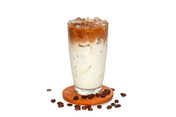 Pictures of latte ice coffee serving on wooden with coffee beans spread around glass , isolate and white background style.