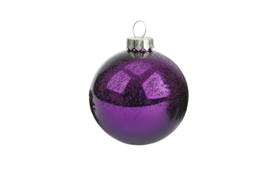Purple oval christmas ornament with bubbles isolated on transparent background. Purple christmas ball with christmas tree decorations isolated on white background.