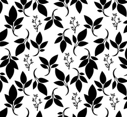 Leaves and branches vector seamless pattern. Brush leaves and twigs. Olive, sage or eucalyptus branch modern pattern. Ink illustration. Abstract black and white background with distressed texture