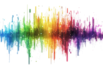 Vibrant abstract soundwave spectrum isolated on transparent background. Rainbow colored digital pixel art modern design isolated on white background.