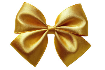 Golden satin ribbon bow, sharply focused, against black background