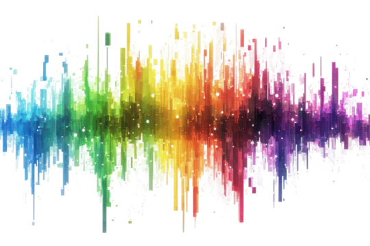 Vibrant abstract soundwave spectrum isolated on transparent background. Rainbow colored digital pixel art modern design isolated on white background.
